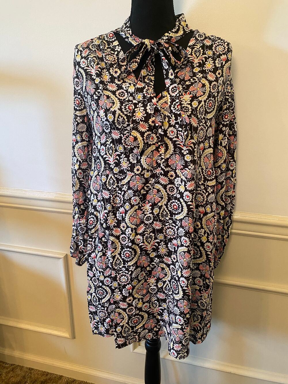 Boden Black Multicolor Paisley Floral Tie Neck Shirt Dress Shift Long Sleeve